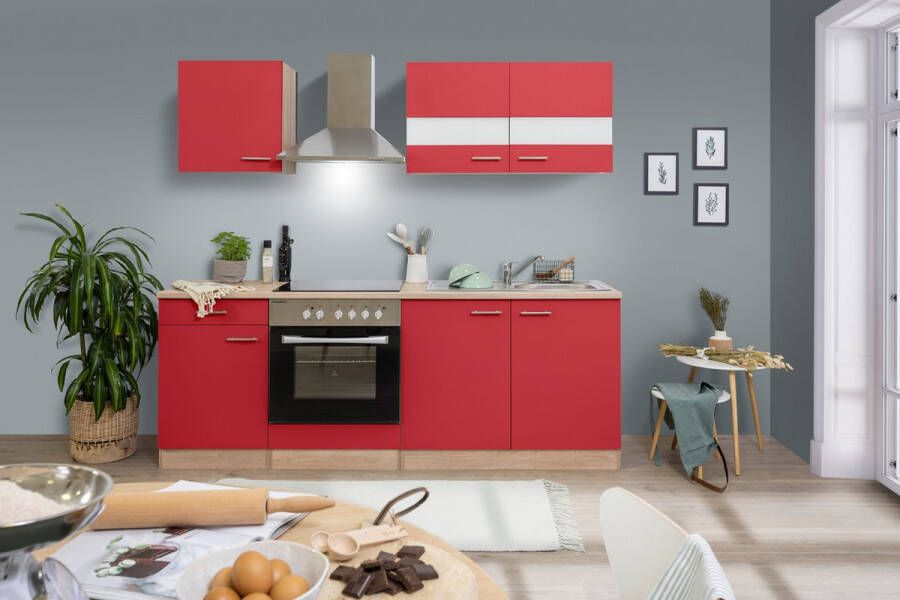 Respekta® Keukenblok 210 cm complete keuken met apparatuur soft close Rood Moderne keuken Merle keramische kookplaat afzuigkap oven spoelbak