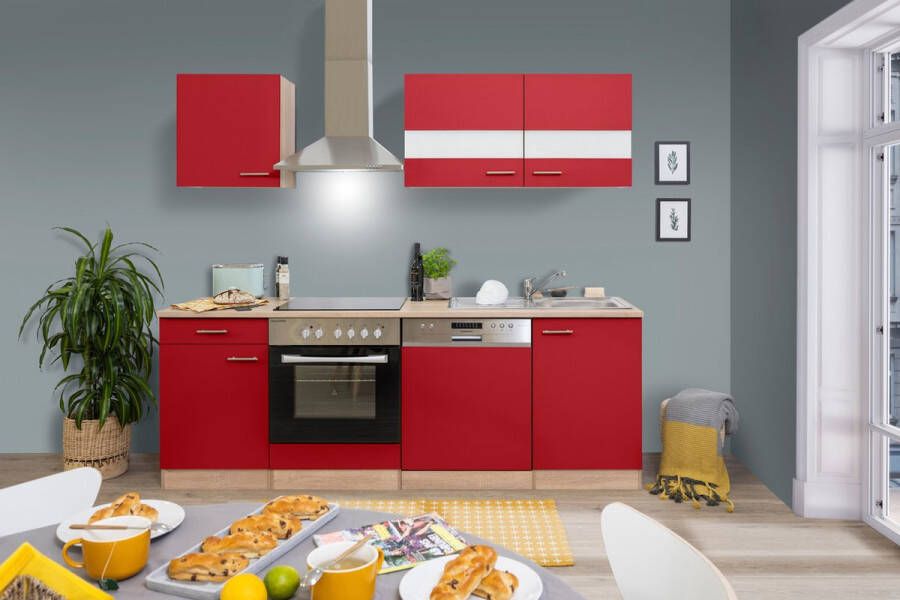 Respekta® Keukenblok 220 cm complete keuken met apparatuur soft close Rood Moderne keuken Merle keramische kookplaat vaatwasser afzuigkap oven spoelbak