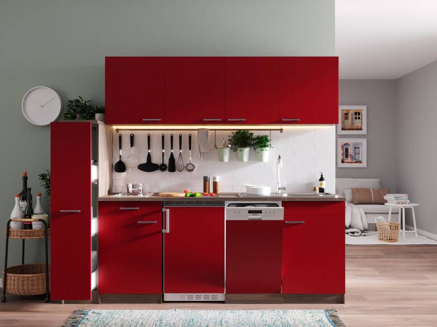 Respekta Goedkope keuken 225 cm complete keuken met apparatuur Oliver Donker eiken Rood keramische kookplaat vaatwasser spoelbak