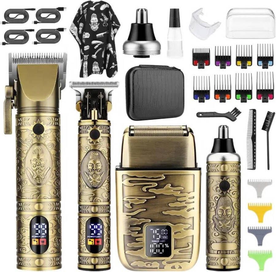 RESUXI 4 in 1 Professionele 28-delige draadloze Tondeuse Set Tondeuse Trimmer Neus Haar Trimmer Baard Trimmer set Goud