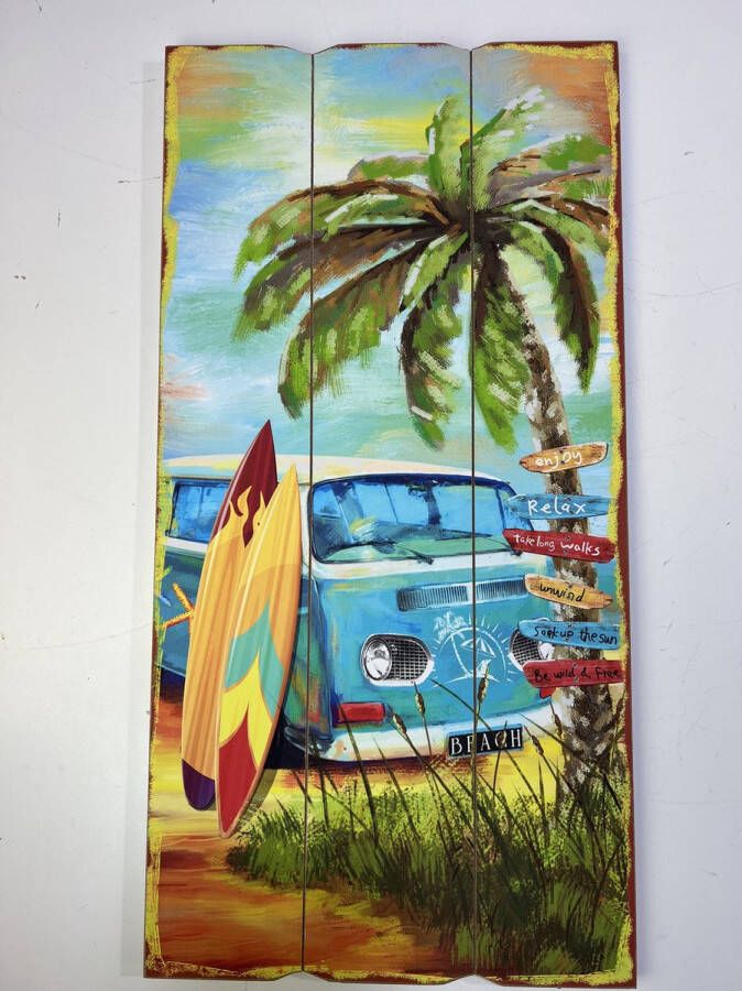 Retroo.nl Houten wandbord beach retro surf bus Blauw 60 x 30cm