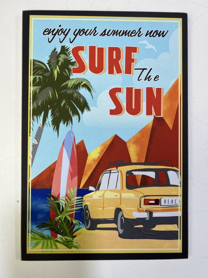 Retroo.nl Houten wandbord beach retro surf the Sun Geel 30 x 20cm