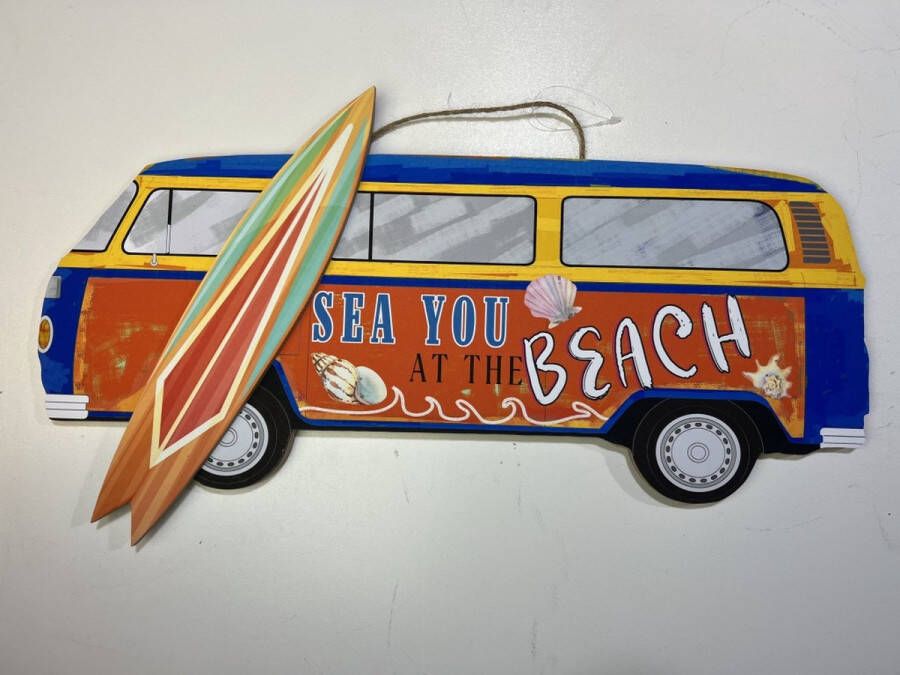 Retroo.nl Retro Bus bord met surfplank see you at the beach ! surf bus wandbord