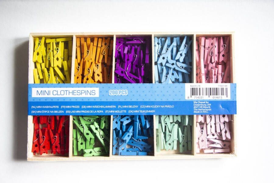 Revin Mini wasknijpertjes Houten wasknijpers 200 stuks 10 kleuren