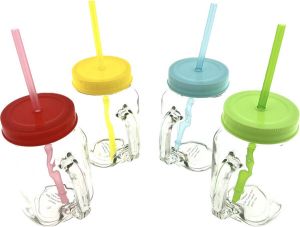 Rewe Drinkglas Met Rietje En Deksel Pul Mason Jar– 400 ml – 4 Stuks