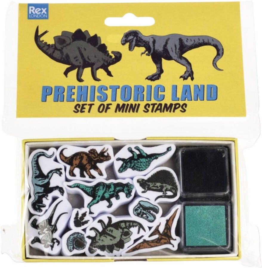 Rex London stempelset Prehistorie Dino Dinosaurus 11 rubber stempels met stempelkussen