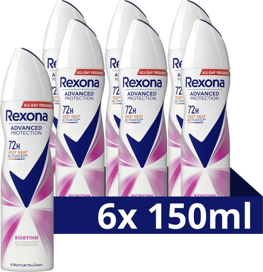 Rexona Advanced Protection Anti-Transpirant Spray Biorythm met Body Heat Activated Technologie 6 x 150 ml