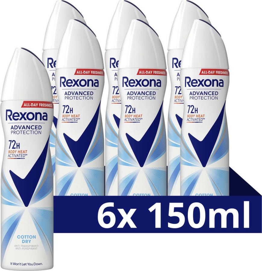 Rexona Advanced Protection Anti-Transpirant Spray Cotton Dry met Body Heat Activated Technologie 6 x 150 ml