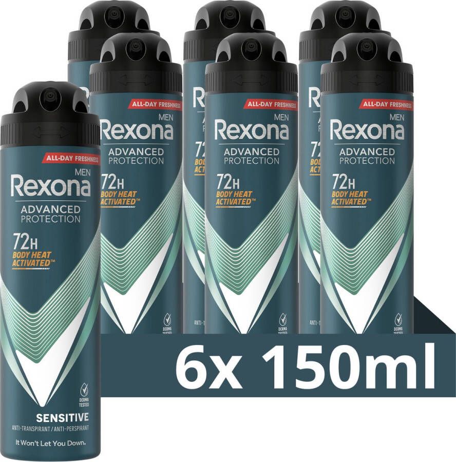 Rexona Men Advanced Protection Anti-Transpirant Deodorant Spray Sensitive met Body Heat Activated Technologie 6 x 150 ml