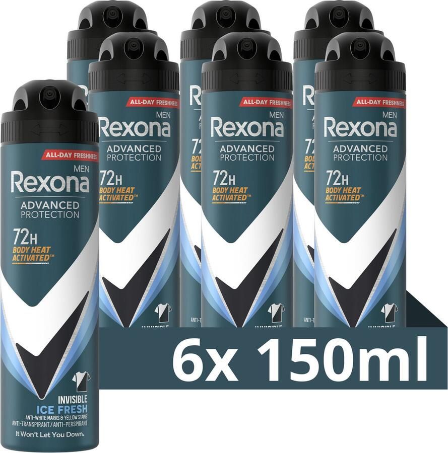 Rexona Men Advanced Protection Anti-Transpirant Deodorant Spray Invisible Ice Fresh met Body Heat Activated Technologie 6 x 150 ml