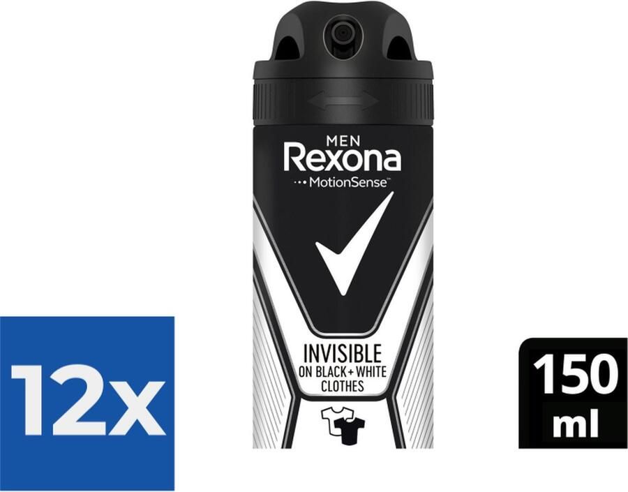 Rexona Men Invisible Black+White Anti White Marks Deodorant 150ml Voordeelverpakking 12 stuks