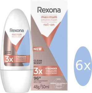Rexona Women Deodorant Vrouw Roll-on Maximum Protection Clean Scent Voordeelverpakking 6 x 45 ML