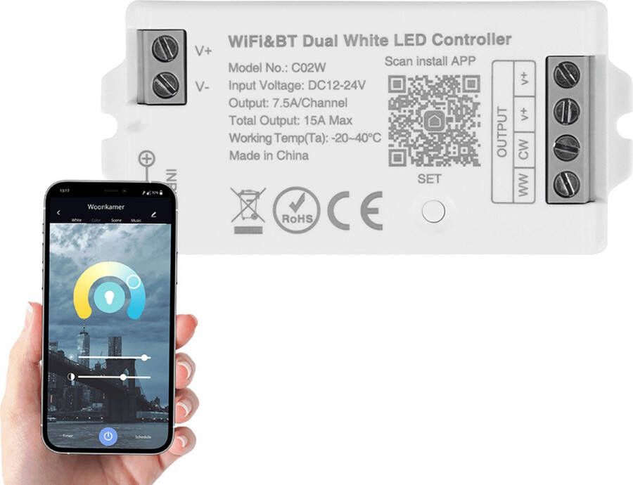 Rextech Losse wifi controller voor Dual White led strips Werkt met IKEA Tradfri Osram Lightify en Tuya Smart Life