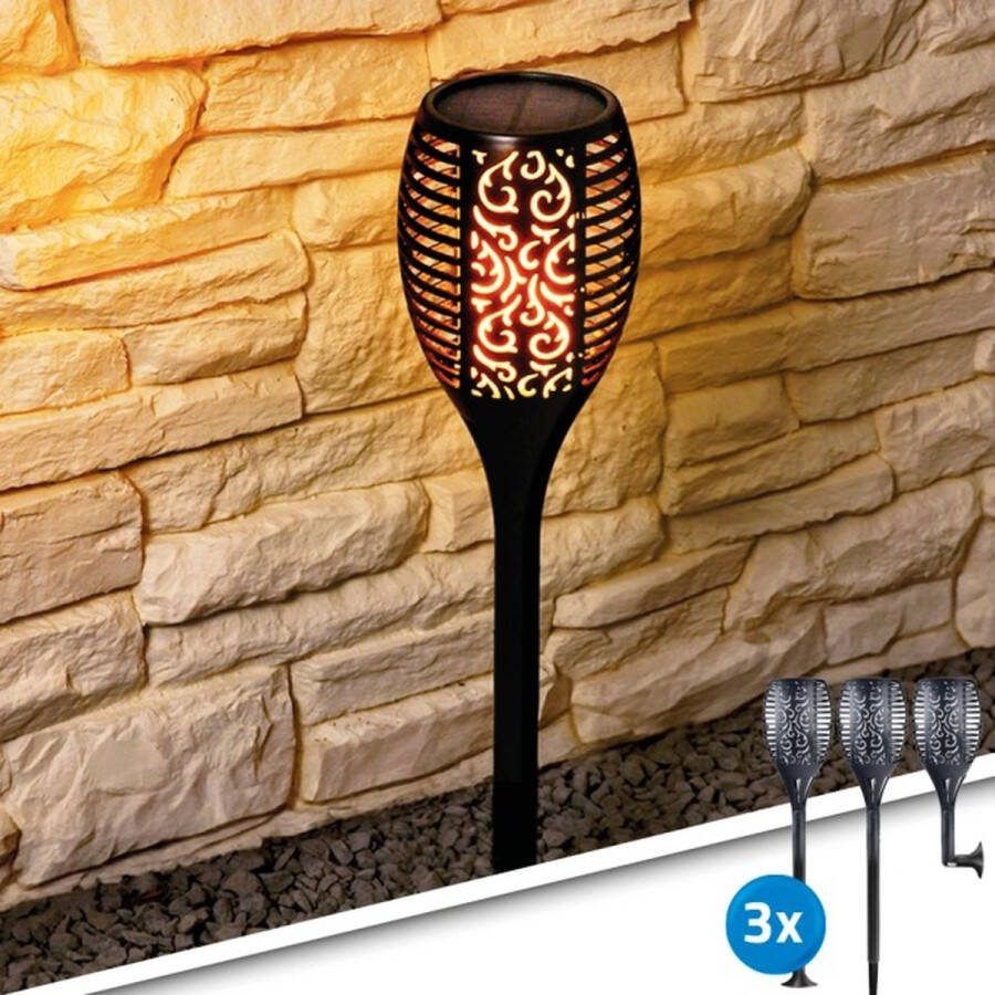 RexTech Solarlamp LED 'Fakkel' Voordeelset van 3 stuks Fakkel lampen met schemersensor Tuinverlichting op zonne-energie LED tuinfakkels Zwart