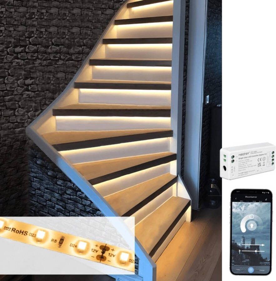 Rextech Trapverlichting ledstrip 130 cm met bewegingssensoren Zigbee Warm Wit Werkt met de bekende verlichting apps Complete set inclusief profiel voor max. 16 treden