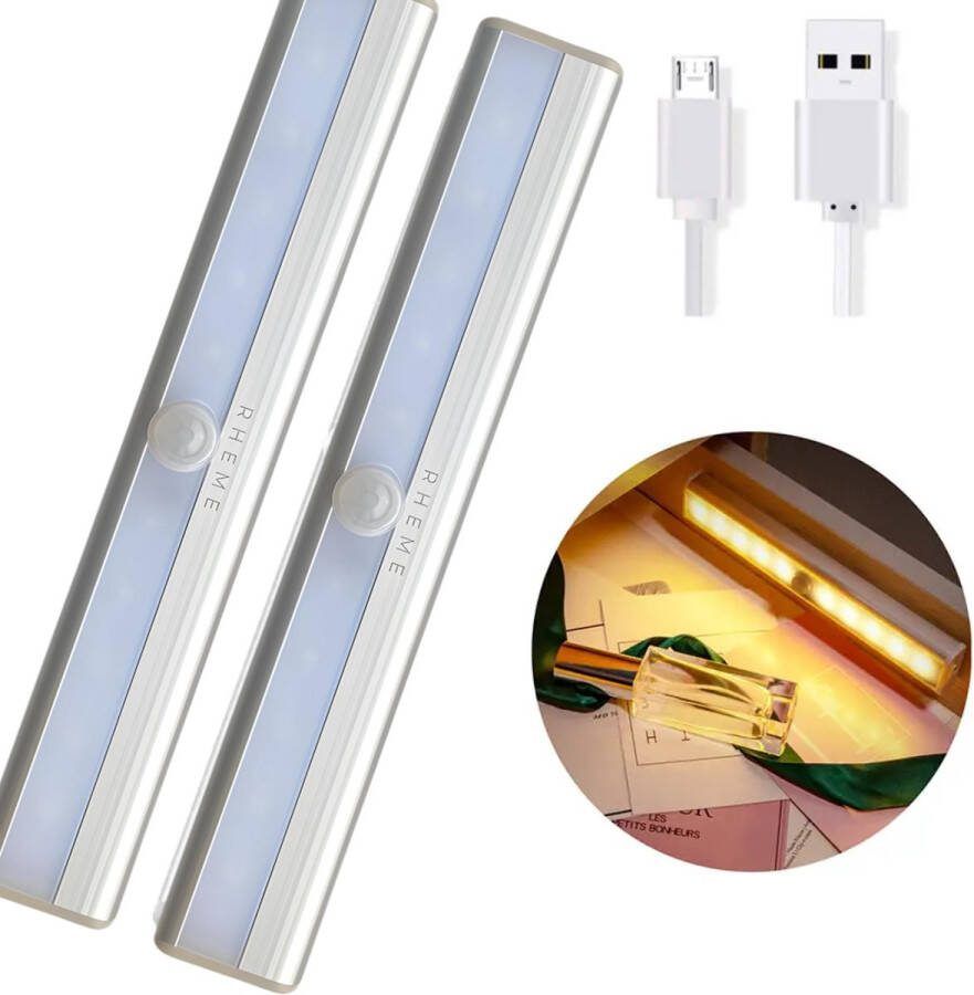 Rheme Kastverlichting Set van 2 Stuks Led Lamp met Bewegingssensor Oplaadbaar Magnetisch Strip 10 Led Punten Inclusief USB kabel