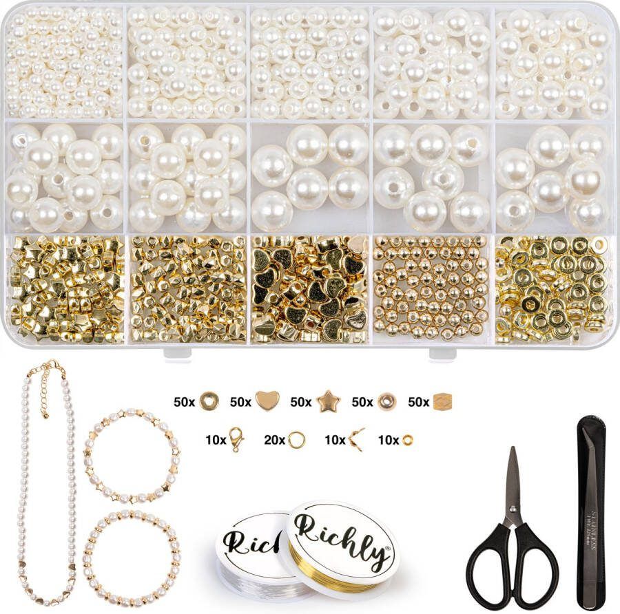 Richly Parels Kralen set Inclusief E-BOOK Sieraden maken Wit & Goud Parel Kralenset Parelketting Kralendoos Telefoonkoord Parels Kralen voor Sieraden Volwassenen Kralenketting Telefoon Meisjes & Dames Bedels