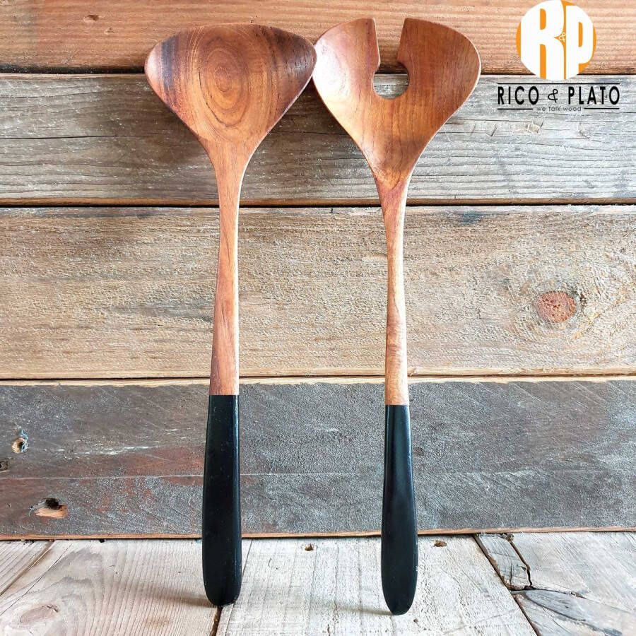 Rico & Plato houten slabestek 2-Delig met zwart handvat en vervaardigd uit gecertifeerd teak hout