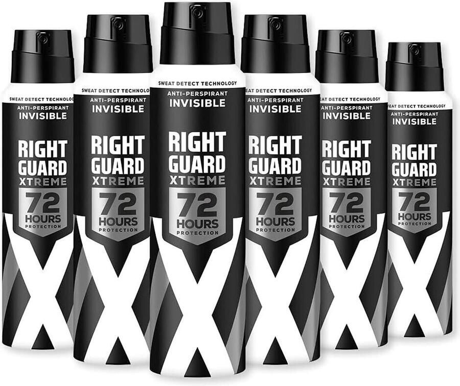 Right Guard Heren Deodorant -Anti-Transpirant Spray Xtreme Invisible 72H -6 x 150 ml