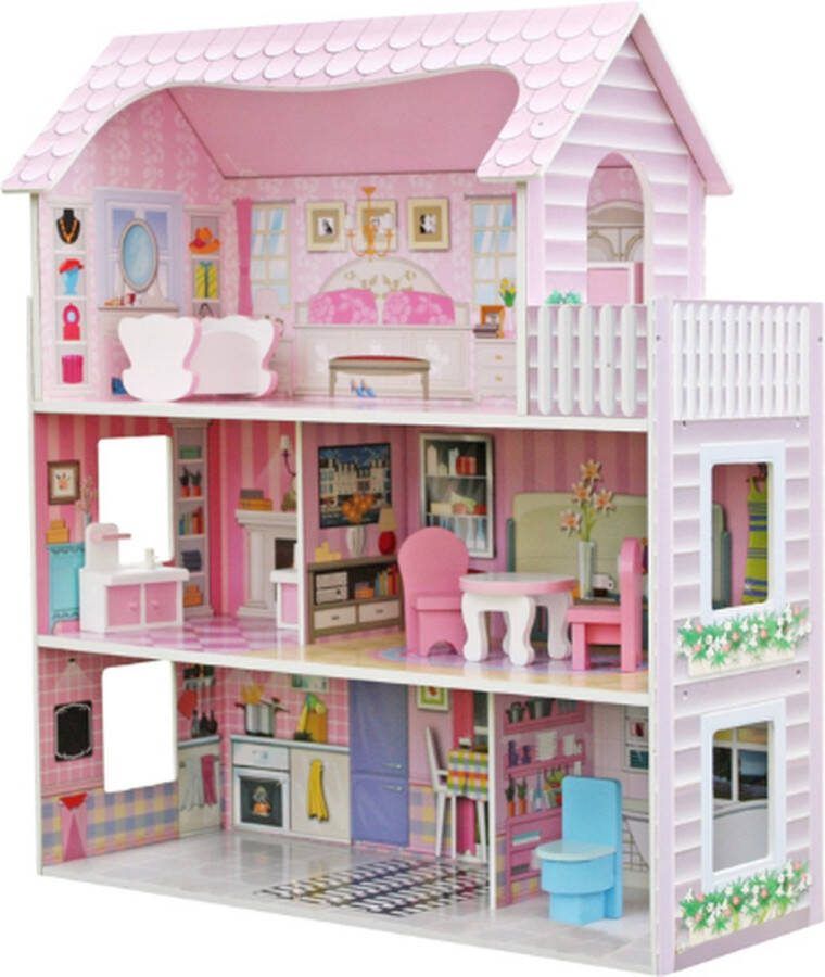 Rijoka Houten Poppenhuis Classic Roze Meubelset 8pcs 3 Verdiepingen 62x27x70cm