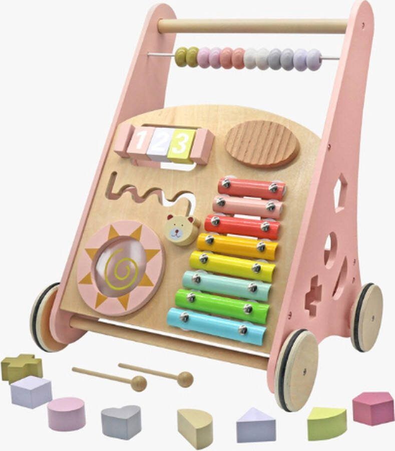Rijoka Loopwagen Hout voor Baby + - 1 jaar Babywalker Educatieve looptrainer Anti-Slip wieltjes 38 x 32 x 46cm – Roze