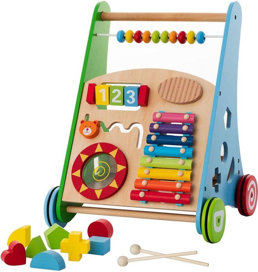 Rijoka Loopwagen Hout voor Baby + - 1 jaar Babywalker Educatieve looptrainer Anti-Slip wieltjes 38 x 32 x 46cm| Multicolor