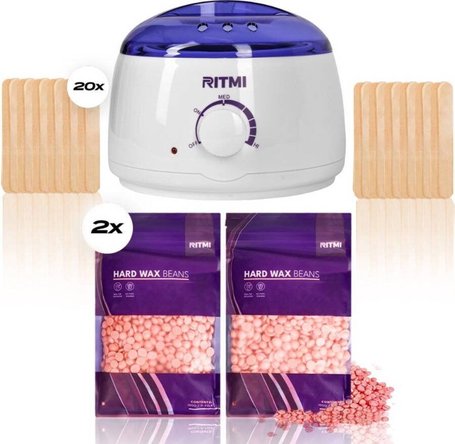 Ritmi Wax Ontharingsapparaat Wax Ontharing Set Wax ontharen Wit 200 gram Waxbonen 20x Spatels