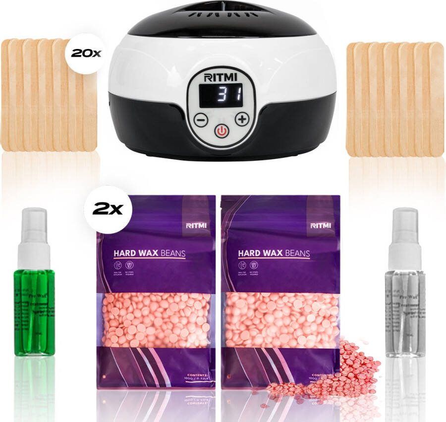 Ritmi Wax Ontharingsapparaat Zwart Wax Ontharing Set Wax ontharen Wit 200 gram Waxbonen 20x Spatels Pre en Afterspray