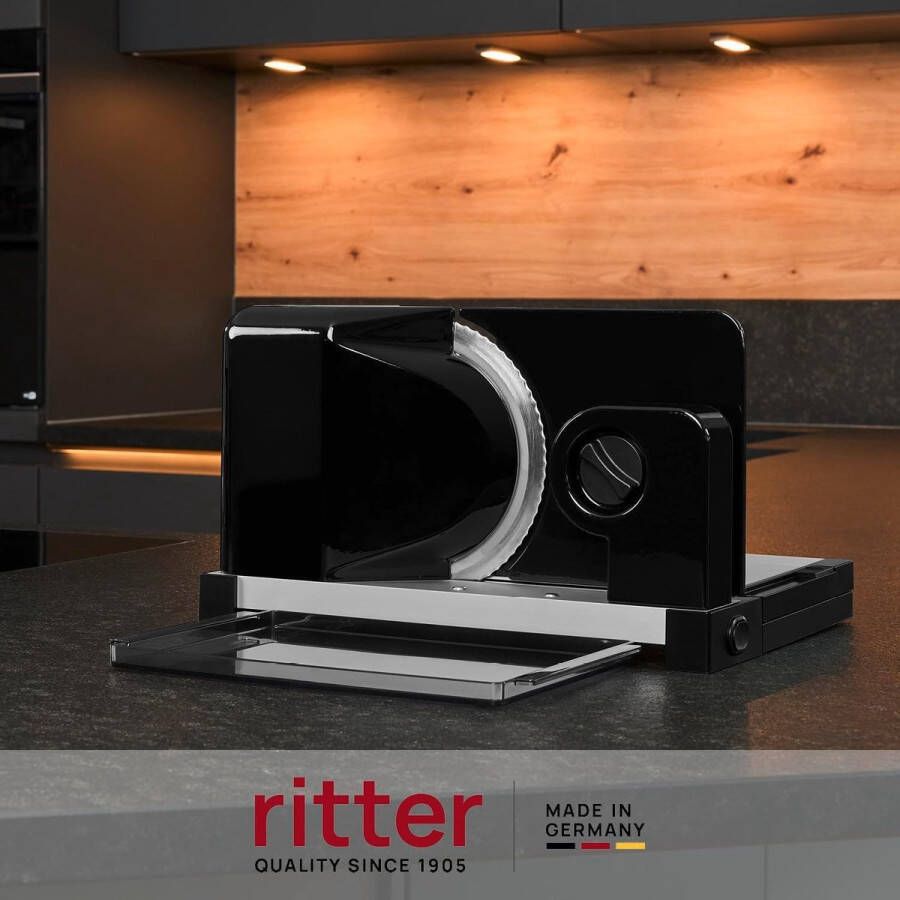 Ritter Snijmachine icaro 5 Made in Germany Allessnijder Elektrisch inklapbar 65W Eco Motor broodsnijmachine vleeswarensnijmachine vlees brood gronten broodsnijder Zwart