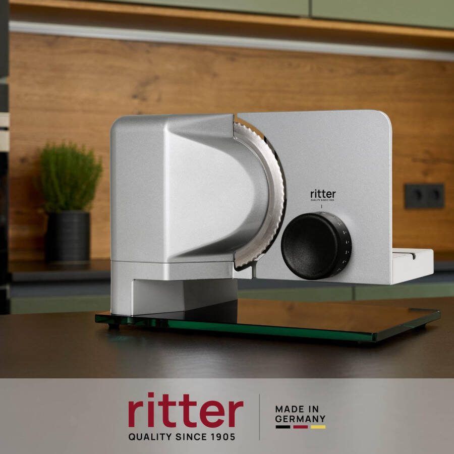 Ritter Snijmachine Sono 2 Made in Germany Allessnijder Elektrisch 65W Eco Motor broodsnijmachine vleeswarensnijmachine vlees brood gronten broodsnijder Zilver