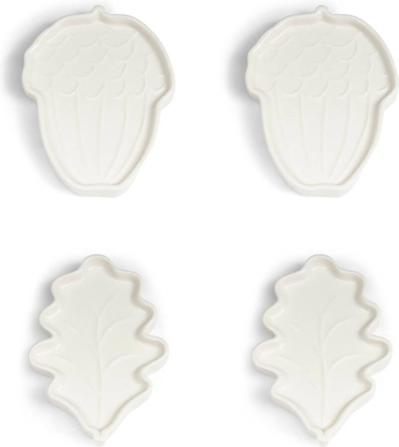 Riviera Maison Bordje klein serveerbord Herfstblad en Dennenappel Winter Leaf & Acorn Mini Plate wit Porselein set van 4 stuks