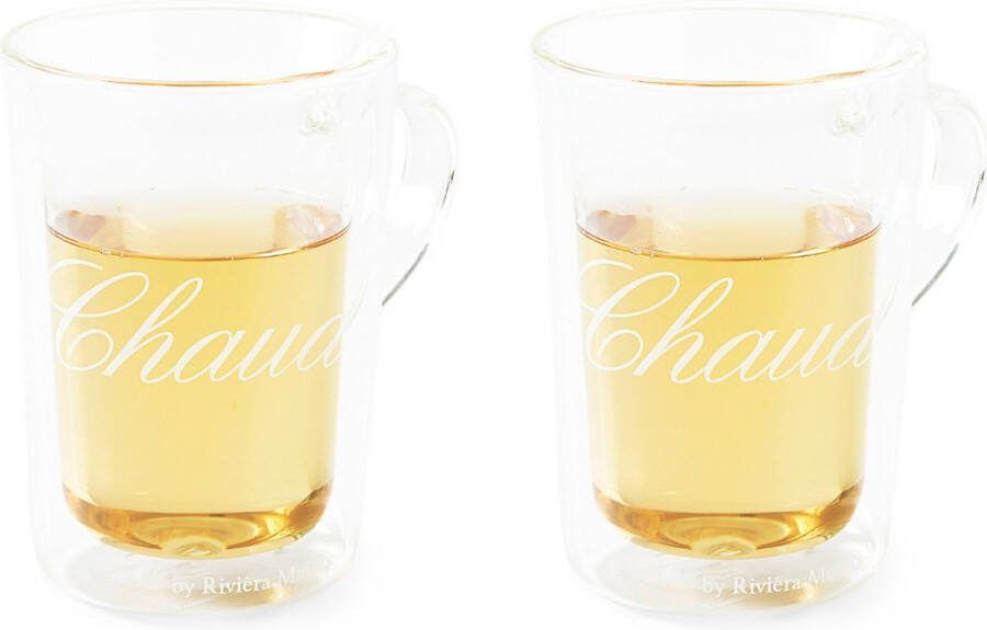 Riviera Maison Dubbelwandige glazen set met C'est Chaud tekst C'est Chaud Mug Maat L 270 ML Glas Transparant 2 stuks