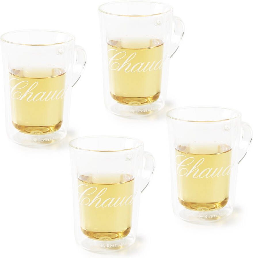 Riviera Maison Dubbelwandige Glazen Theeglazen C'est Chaud Mug L 270ML Set van 4 Stuks