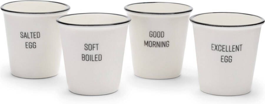 Riviera Maison Eierdopjes Wit Porselein in set van 4 RM Egg ronde eierdoppen dia 5 cm met verschillende tekst