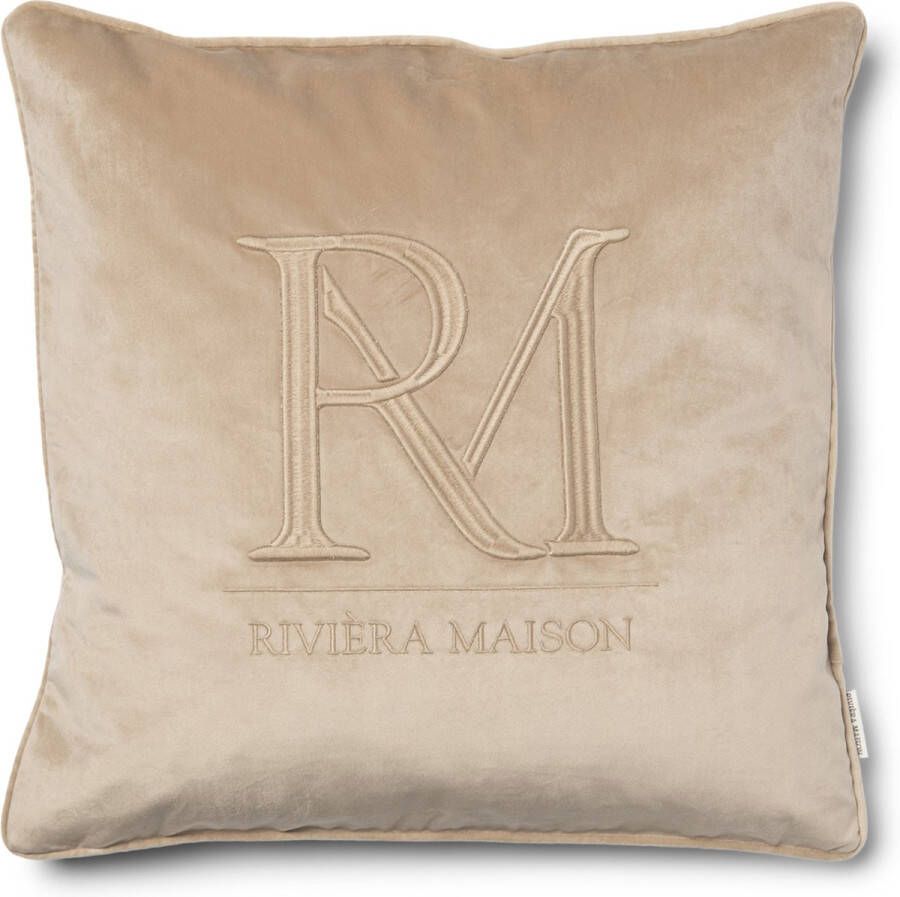 Riviera Maison Kussenhoes Sierkussen met logo RM Monogram Kussensloop Velvet 50x50 cm beige