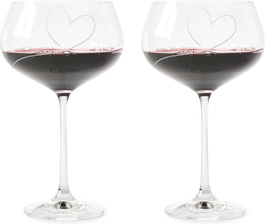Riviera Maison Rode Wijnglazen set met gegraveerd hartje With Love Red Wine Glass 550 ML Glas Transparant 2 stuks