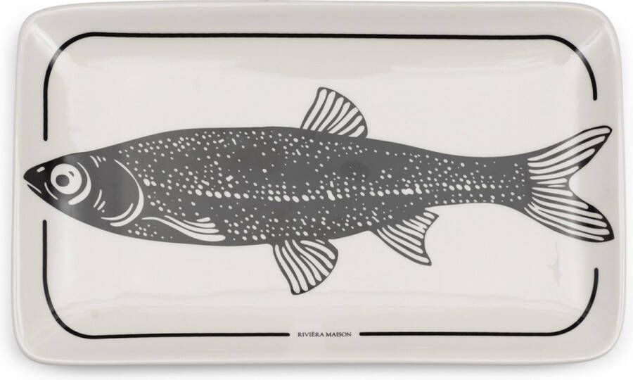 Riviera Maison Serveerschaal wit porselein met vis print Long Island fish rechthoekige schaal voor serveren van vis