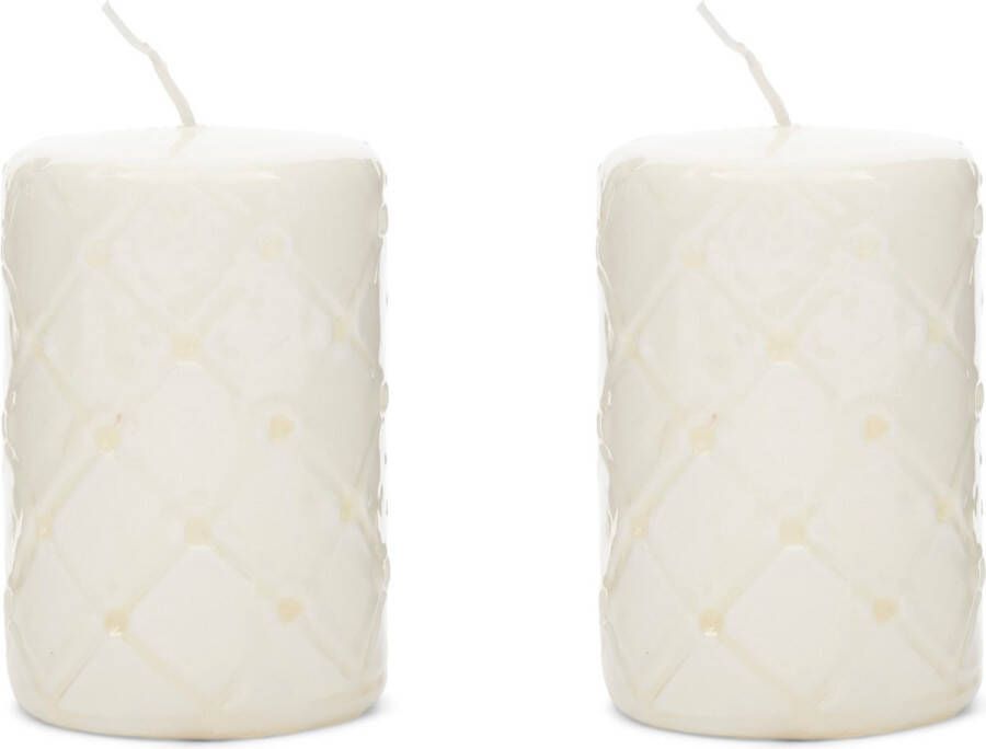 Riviera Maison Stompkaars ruiten print 56-60 Branduren Pillar Candle Padded (ØxH) 7x10 wit set van 2 stuks