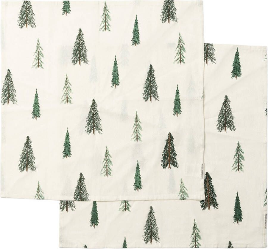 Riviera Maison Textielen servetten Tafeltextiel kerstboom print Winter Forest Servet set van 2 groen
