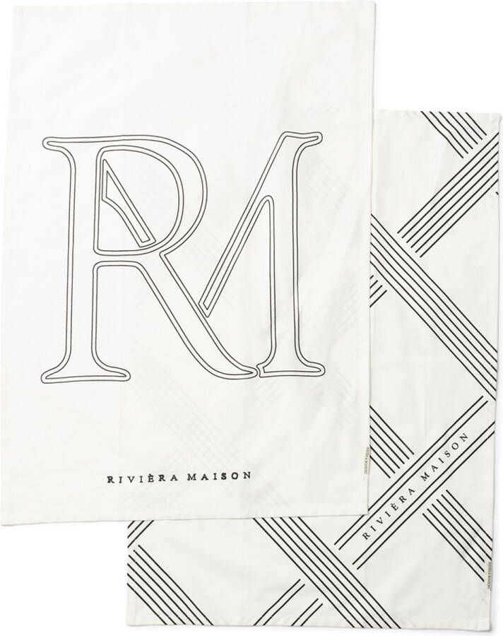 Riviera Maison Theedoek Keukendoek Keukentextiel RM Monogram & Stripes Tea Towel set van 2 zwart