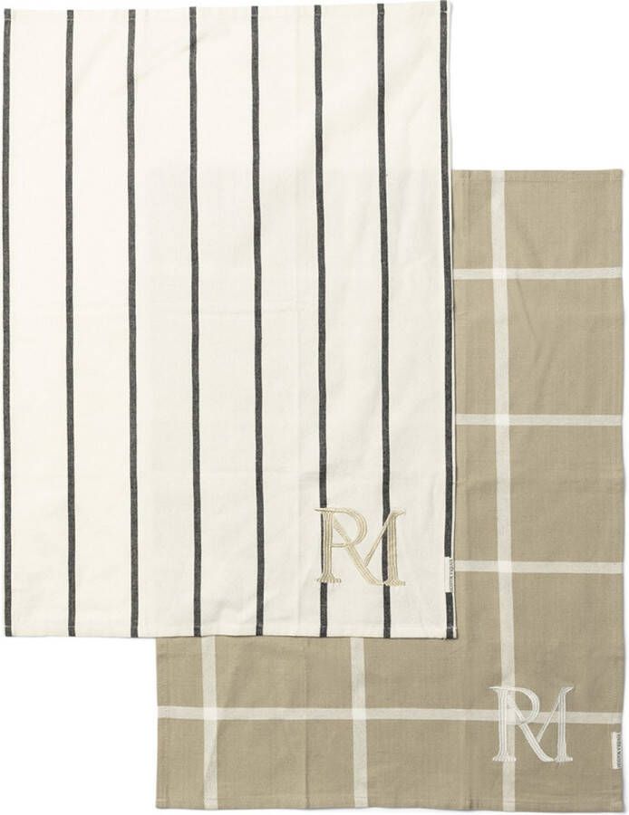 Riviera Maison Theedoek Keukentextiel strepen ruiten print RM Stripes Keukendoek set van 2 beige