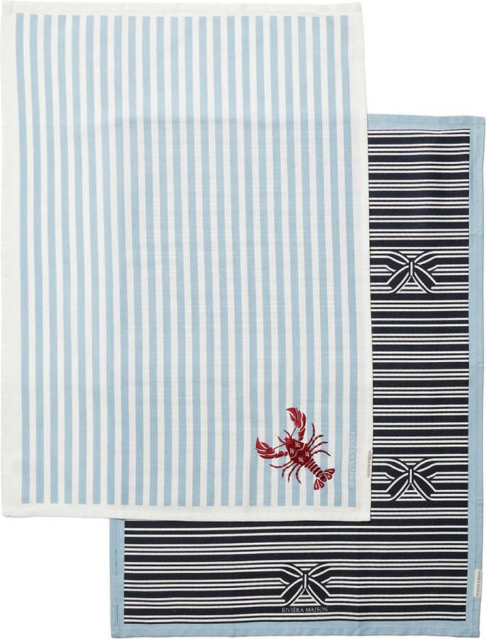 Riviera Maison Theedoeken set van 2 Horizontale en verticale streep patroon RM Nautic Theme Tea Towel Blauw Katoen 2 stuks