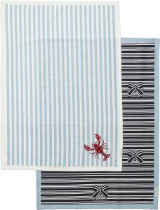 Riviera Maison Theedoeken set van 2 Horizontale en verticale streep patroon RM Nautic Theme Tea Towel Blauw Katoen 2 stuks