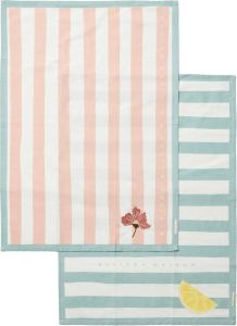 Riviera Maison Theedoeken set van 2 Horizontale en verticale streep print RM Summer Vibe Tea Towel Blauw Roze Katoen 2 stuks
