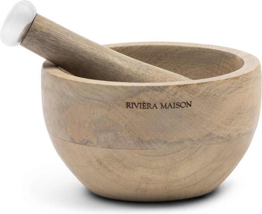 Riviera Maison Vijzel met stamper Houten Kruidenstamper Rond RM Mortar & Pestle Bruin Mangohout