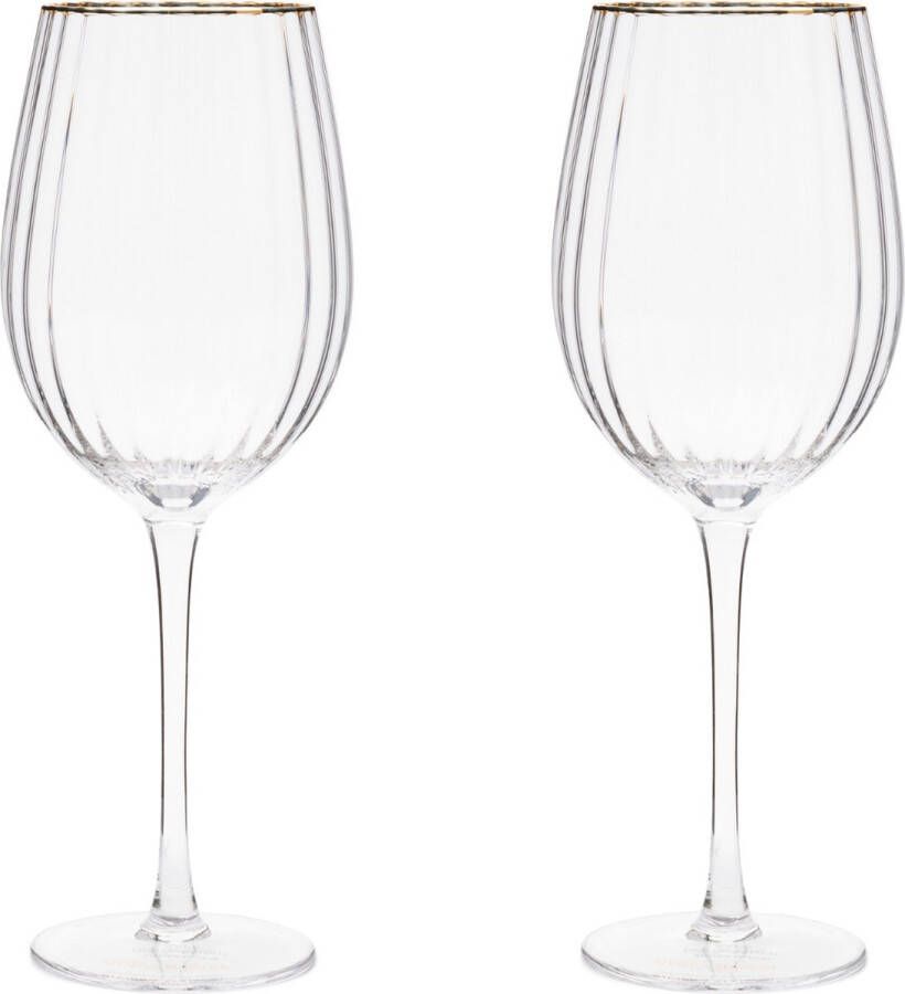 Riviera Maison Wijnglas glas met ribbel Gouden rand Les Saisies Wine Glass 555 ml Transparant set van 2 stuks