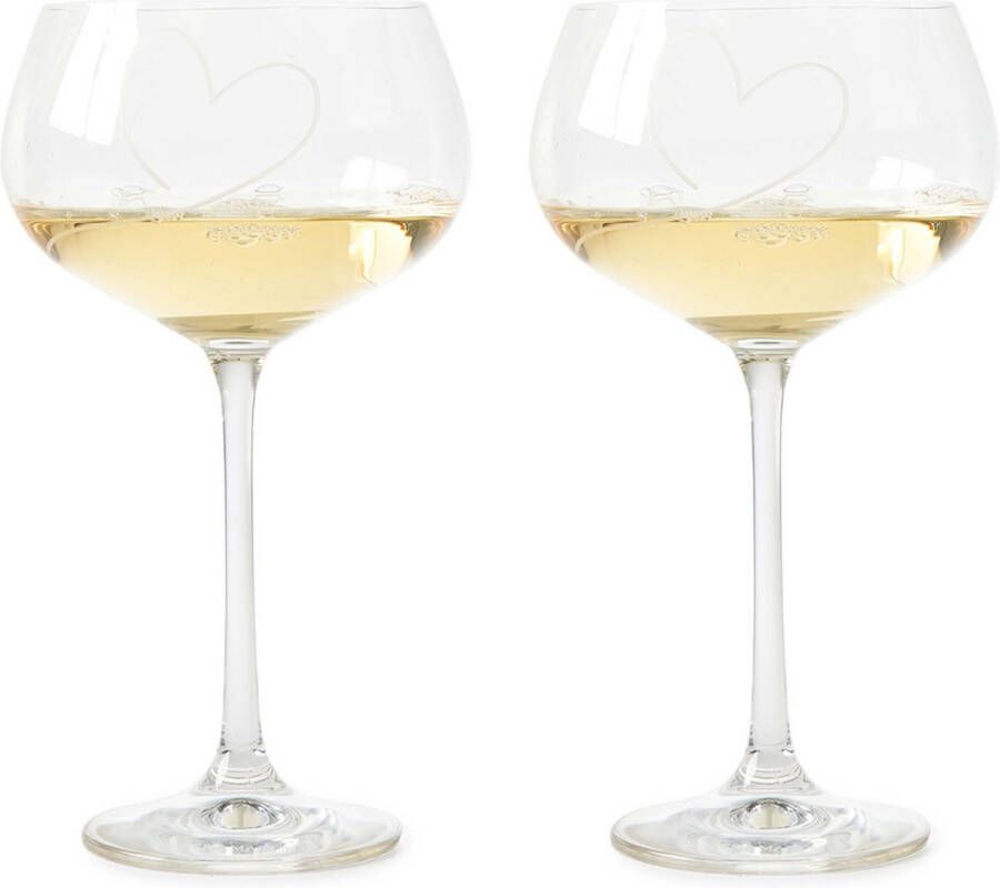 Riviera Maison Witte Wijnglazen set met gegraveerd hartje With Love White Wine Glass 550 ML Glas Transparant 2 stuks
