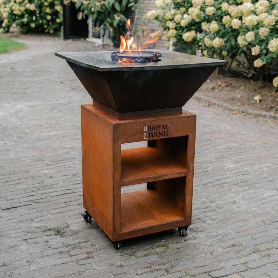 RJRoyal Living Plancha grill BBQ Bilbao cortenstaal grillring met hoes en houtopslag vuurschaal buitenkeuken grillring corten staal