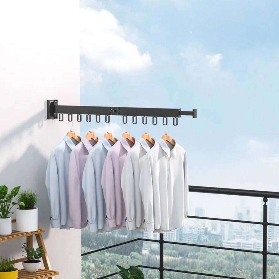 RMBO Wanddroogrek Inklapbaar droogrek 12 kledinghaken Zwart- Universeel voor Balkon Tuin Badkamer