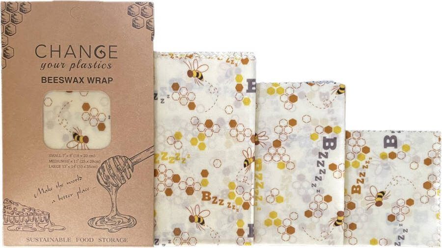 RnDe Bijenwas doek Set van 3 stuks Klein Middel en Groot Bijenwasdoek Herbruikbaar boterhamzakje Alternatief voor boterhamzakjes Verminder je Plastics Bijenwas wrap Beeswax wrap voor bewaren van groente fruit of als verpakking